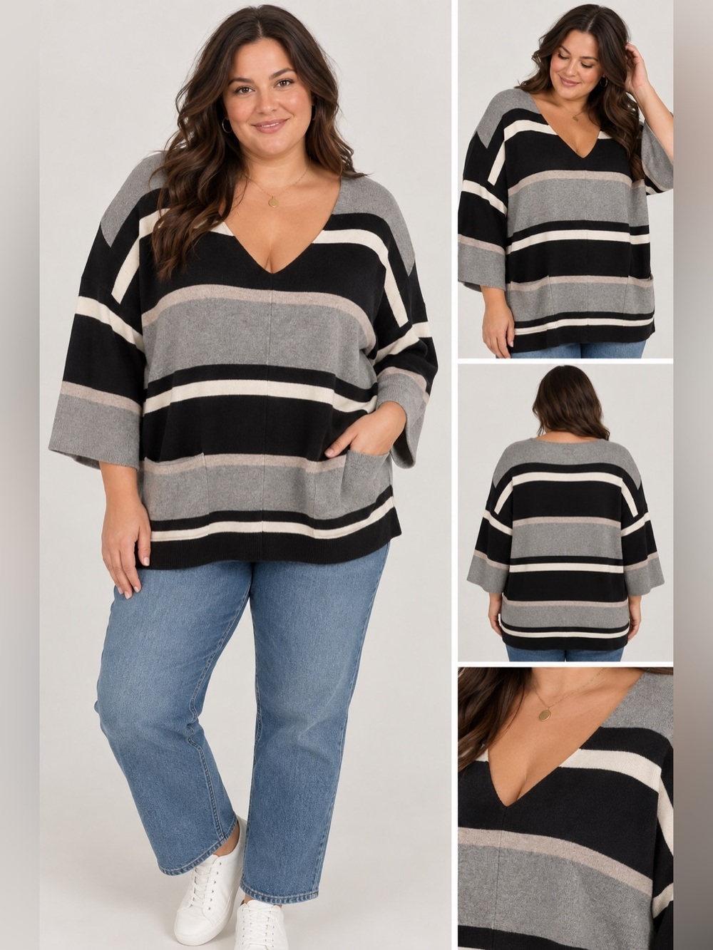 NWT Reitmans Black, Gray & Cream Striped V-Neck Sweater